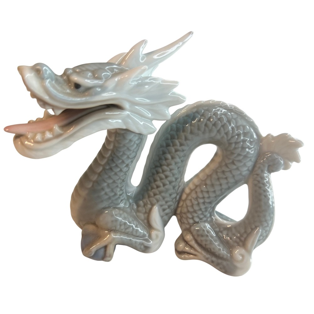 Vintage Yoshimi Porcelain Foo Dragon Figurine Grey White Glazed Chinese Mythical